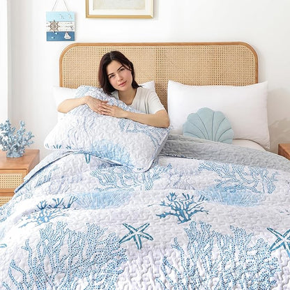 weigelia Coastal Quilts Bedding Set Queen Size - Blue Summer Nautical Bedding Quilt with Pillow Cases, Beach Reversible Quilt Set Bedspreads Coverlet Soft Lightweight Comforter