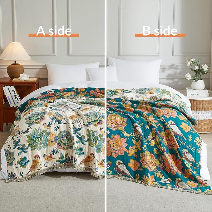 Boho Throw Blanket for Bed 90”x98”, 100% Cotton Woven Blanket for Couch Sofa, Ultra Soft 4-Layer Muslin Quilt with Floral Printed, Farmhouse Bed Blanket/Cover for Living Room Decor