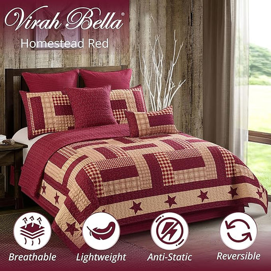 Virah Bella 3 Piece King Cabin Quilt Bedding Set - Homestead Red - Rustic Country Reversible Patchwork Comforter Set with Decorative Pillow Shams