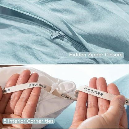 MooMee Bedding Duvet Cover Set 100% Washed Cotton Linen Like Textured Breathable Durable Soft Comfy (Heathered Light Blue, Queen 90"x90")