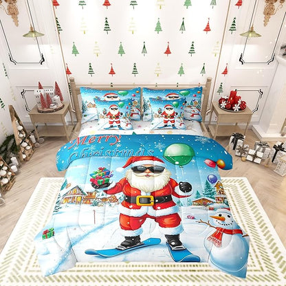 Castle Fairy Skiing Santa 7 Pieces Bedding Set Twin Bed in a Bag,Merry Christmas House Gifts Snowman Comforter Set,Farmhouse New Year Decor Soft Warm Microfiber Bedding