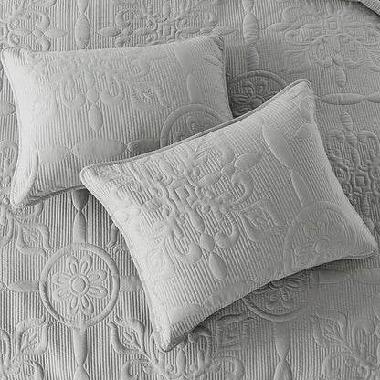 Light Grey Damask Quilt King Size Bedding Sets with 2 Pillow Shams, Boho Bedspread Lightweight Soft Farmhouse Vintage Bohemian Coverlet Retro Jacquard Pattern Bed Cover for All Season, 3 Pieces