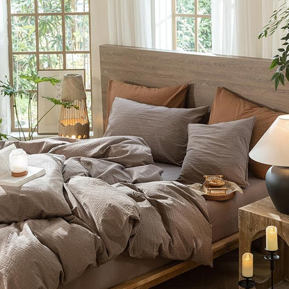 MooMee Wavy Striped Duvet Cover Set 100% Washed Cotton Linen Like Textured Breathable Durable Soft Comfy (Brown, Super Queen 90"x98")