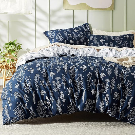 Bedsure Twin/Twin XL Duvet Cover - Reversible Navy Blue Duvet Cover Set with Zipper Closure, 2 Pieces Cute Floral Patterned Bedding Set with 8 Corner Ties and 1 Pillow Sham