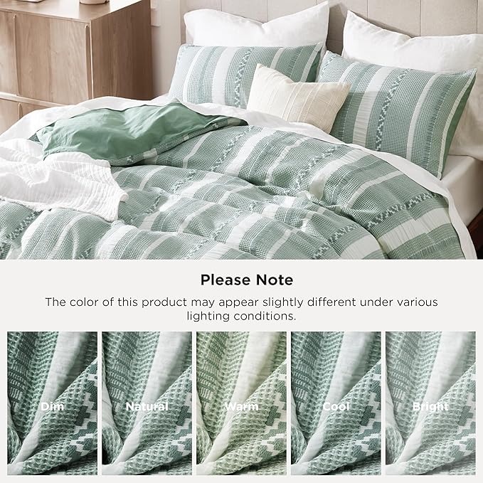 Bedsure Waffle Weave Duvet Cover King - 100% Cotton Boho Duvet Cover with 2 Pillowcases - Green Textured Comforter Cover with Zipper Closure (King, 104"x90")