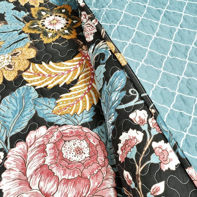 Lush Decor Sydney Reversible Cotton Quilt Set, 3 Piece Set, Full/ Queen, Black & Blue - Cotton Bedding Set - Black Floral Quilt - Cottage Decor - Bedding Queen Size