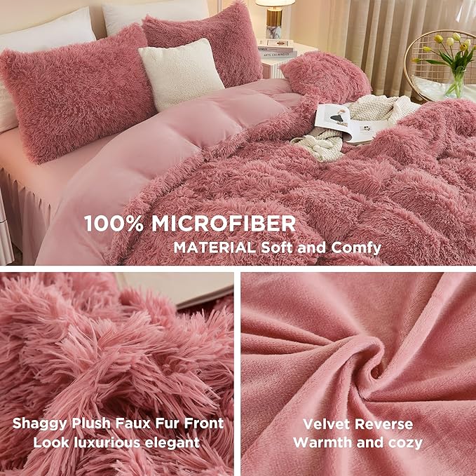 Andency Fluffy Old Pink Comforter Set Queen Size, 3 Pieces Winter Faux Fur Warm Soft Fuzzy Plush Bedding Comforter Set (1 Velvet Comforter & 2 Pillowcases), Thick Heavy Comfy Comforters Bedding Set