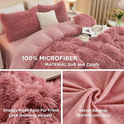 Andency Fluffy Old Pink Comforter Set Queen Size, 3 Pieces Winter Faux Fur Warm Soft Fuzzy Plush Bedding Comforter Set (1 Velvet Comforter & 2 Pillowcases), Thick Heavy Comfy Comforters Bedding Set