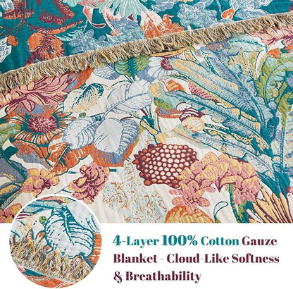 MSGKV Boho Throw Blanket for Couch 100% Cotton Floral Blanket 50"x60" Sofa Bed Chair Blanket All Seasons Farmhouse Muslin Spring Breathable Lightweight Blankets Home Decor