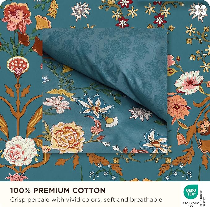 Bedsure Floral Duvet Cover Queen Size - 100% Cotton Reversible Botanical Shabby Chic Duvet Cover Set, 3 Pieces Soft & Breathable PureWoven Bedding Set with 2 Pillow Shams (Vintage Teal Floral 90"x90")
