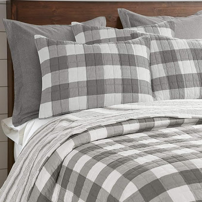 Levtex Home - Camden Bedspread Set - Full (96 x 110 in.) + Two Standard Pillow Shams (26 x20 in.) - Buffalo Check in Grey and Cream - Reversible Pattern - Cotton