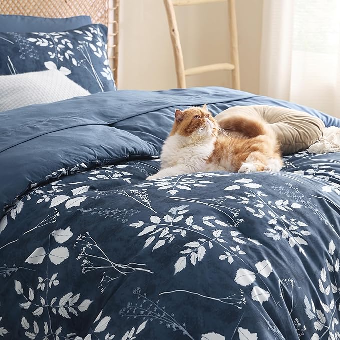 Bedsure Navy Oversized Queen Comforter Set - 7 Pieces Floral Bedding Sets Oversized Queen Bed in a Bag with Reversible Botanical Flowers Comforter, Sheets, Pillowcases & Shams