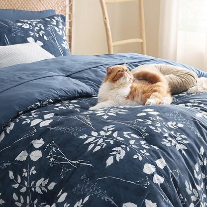 Bedsure Queen Comforter Set - 7 Pieces Floral Navy Soft Bedding Sets, Queen Bed in a Bag with Botanical Flowers Comforter, Sheets, Pillowcases & Shams