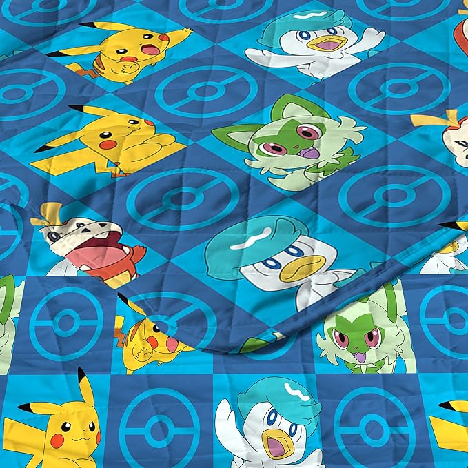 Pokemon Power Squares Full/Queen Quilted Throw Blanket Adults Boys Girls, Soft Lightweight Bedding for Bed, or Couch, 90 x 90 inches