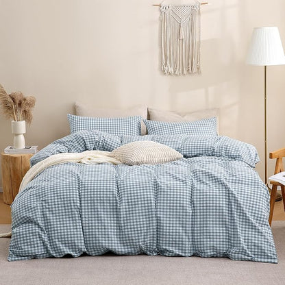 TOCOMOA Blue Gingham Duvet Cover Bedding Set 100% Washed Cotton Like Linen Feel Super Soft Comfortable 3 Piece Vintage Plaid Checkered Comforter Cover Set (Queen 90"x90", Comforter Not Included)