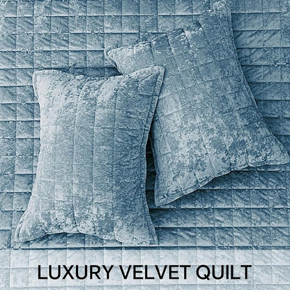 BEDELITE Velvet Quilt Set King Size - Luxury Velvet Comforter Bedding Set 3 Pieces, Lightweight Soft Cozy Shiny Dusty Blue Oversized Bedspread Coverlet for All Seasons with 2 Pillow Shams