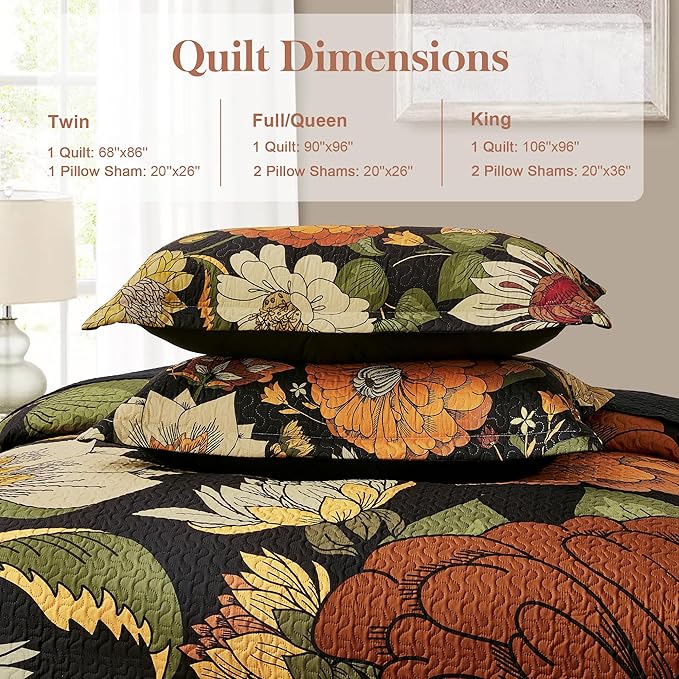 3 Piece Black Boho Floral Full/Queen Quilt Sets Reversible Farmhouse Botanical Lightweight Bedspread Coverlet with 2 Shams Mid Century Microfiber Bedding Quilts Set for All Season,90''x96''