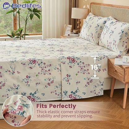 Bedlifes 100% French Linen Sheets King Size – Floral Printed, Botanical Pattern Breathable Cooling Sheet Set, 16" Deep Pocket, 4-Piece (King, Floral Red)