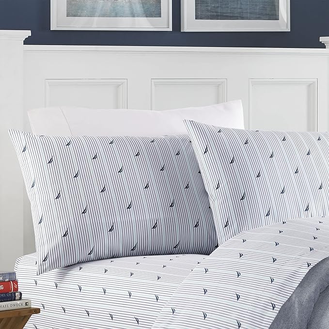 Nautica - Full Sheets, Cotton Percale Bedding Set, Casual Home Decor (Audley Stripe Blue, Full)
