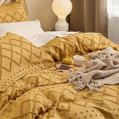 Bedsure Boho Duvet Cover King Size,Mustard Yellow Breathable & Soft Boho Bedding, Machine Washable Comforter Cover for All Seasons, Includes 1 Duvet Cover 104"x90" with 2 Pillow Shams & Zipper Closure