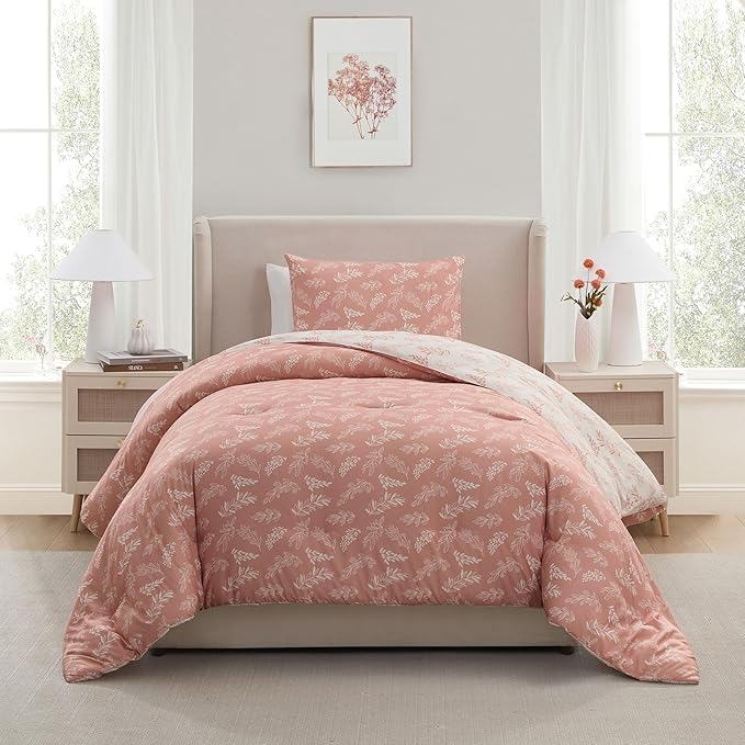 Nestl Twin/Twin XL Comforter Set - Blush Bed in a Bag Twin, 2 Pieces Reversible Bed Set, Soft Floral Bedding Set for College Dorm, All Season Botanical Comforters with Pillow Sham