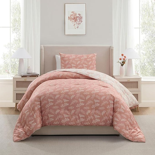 Nestl Twin/Twin XL Comforter Set - Blush Bed in a Bag Twin, 2 Pieces Reversible Bed Set, Soft Floral Bedding Set for College Dorm, All Season Botanical Comforters with Pillow Sham