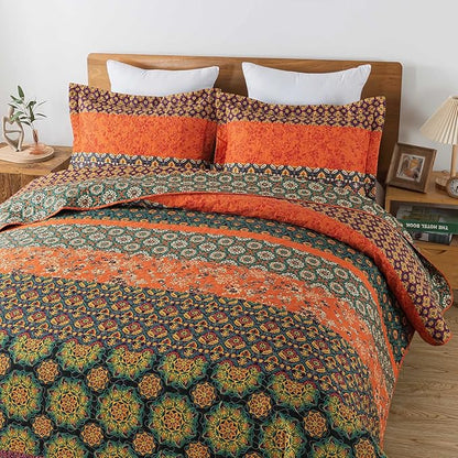 Travan Boho Stripe Quilt Sets Floral Printed Reversible Soft Bohemian Bedding Set with Shams for All Season, Orange Red Stripe, King Size