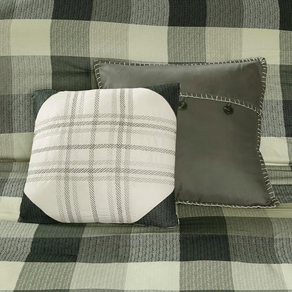 Madison Park Ridge Comforter Set - Cabin Lodge Plaid Herringbone Design, All Season Down Alternative Cozy Bedding with Matching Bedskirt, Shams, Decorative Pillow, Grey King(104"x92") 7 Piece