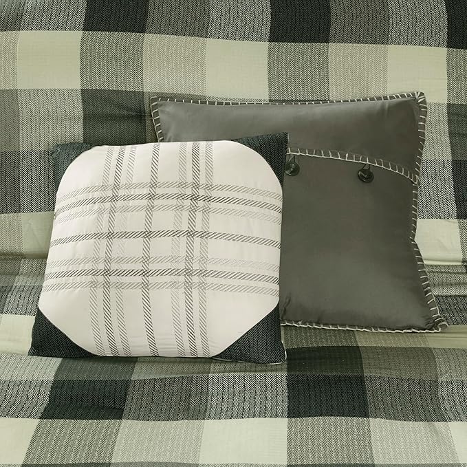 Madison Park Ridge Comforter Set - Cabin Lodge Plaid Herringbone Design, All Season Down Alternative Cozy Bedding with Matching Bedskirt, Shams, Decorative Pillow, Grey Cal King(104"x92") 7 Piece