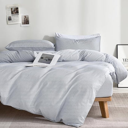 JELLYMONI 100% Natural Cotton 3pcs Striped Duvet Cover Sets,Blue Duvet Cover with Thin White Stripes Pattern Printed Comforter Cover,with Zipper Closure & Corner Ties(Full Size)