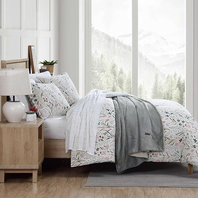 Eddie Bauer - Twin Comforter Set, Reversible Cotton Bedding with Matching Sham, Floral Print with Plaid Reverse, Medium-Weight, Dorm Essentials (Woodland Forest Grey)