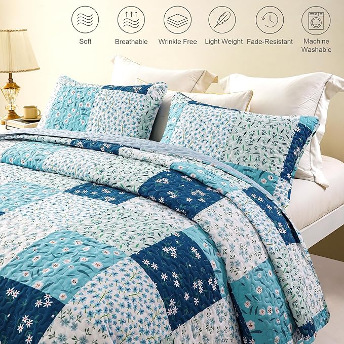 Whale Flotilla Patchwork Quilt Twin Size, Extra Soft Boho Floral Bedspreads for Bed Reversible Lightweight Twin Quilt Bedding Set Printed Coverlets with 1 Pillow Sham for All Seasons, Blue