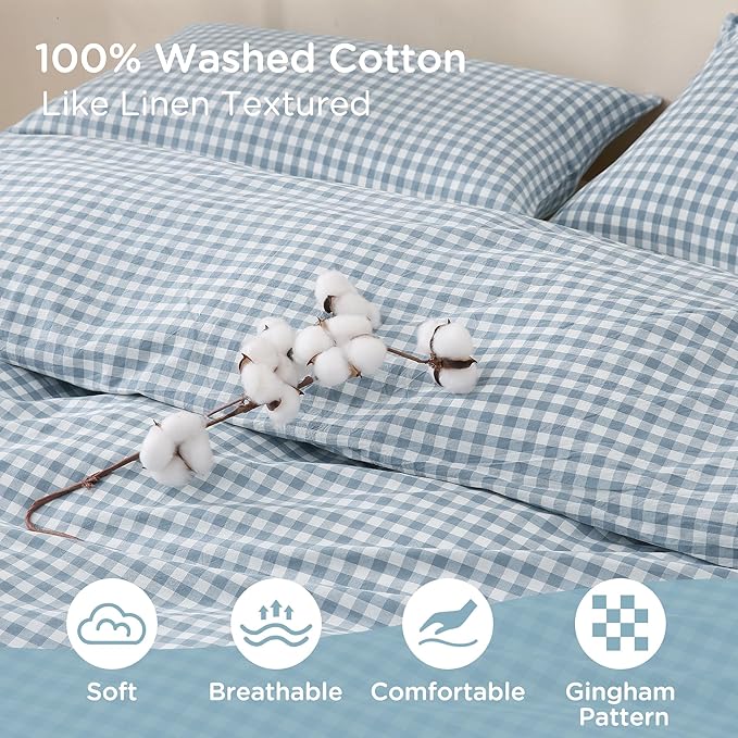TOCOMOA Blue Gingham Duvet Cover Bedding Set 100% Washed Cotton Like Linen Feel Super Soft Comfortable 3 Piece Vintage Plaid Checkered Comforter Cover Set (Queen 90"x90", Comforter Not Included)