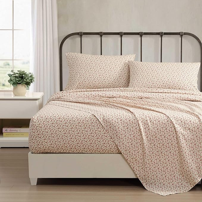 Laura Ashley - Queen Sheets, Cotton Percale Bedding Set, Lightweight & Breathable Home Decor, Oeko-Tex Certified (Sweet Success Pink, Queen)