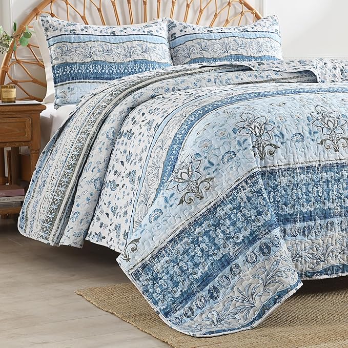 HORIMOTE HOME Boho Quilt King Size Blue Bohemian Floral Quilt Bedding Set, Soft Lightweight King Size Comforter Set for All Season, Farmhouse Bedspread Coverlet with 2 Pillow Shams, 106 x 96 inches