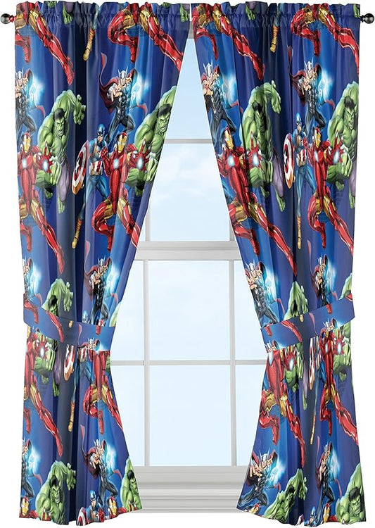 Jay Franco Kids Window Drapes - 4 Piece Curtain Set Includes 2 Tiebacks, Beautiful Bedding Room Décor and Easy Set Up, Blue - Avengers, 63 Inch