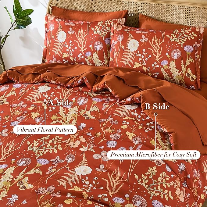 Yiran King Size Comforter Set 7 Piece,Burnt Orange Floral Bedding Set, Lightweight Bed in a Bag King with Botanical Flowers Spring, Soft Warm Terracotta Comforters with Sheets Complete for All Season