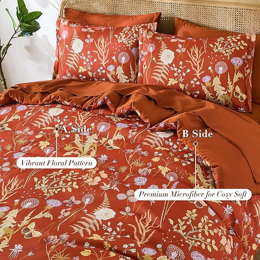 Yiran King Size Comforter Set 7 Piece,Burnt Orange Floral Bedding Set, Lightweight Bed in a Bag King with Botanical Flowers Spring, Soft Warm Terracotta Comforters with Sheets Complete for All Season
