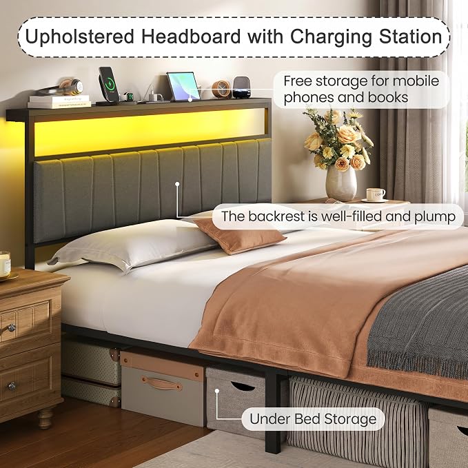 Queen Bed Frame with Storage Drawers and Charging Station, Grey | Upholstered Platform Bed with LED Lights, Headboard Storage Shelf, Noise Free, Metal Support, No Box Spring Needed