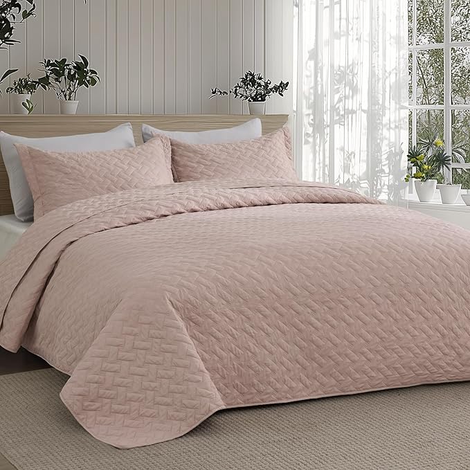 Bedsure Quilts Queen Size - Lightweight Bedspreads Queen Size with Basket Weave Pattern, Soft Quilt Bedding Set, Dusty Rose Comforter Set Coverlet for All Seasons with 2 Pillow Shams (90" x 96") | Skin-Friendly Soft, All-Season Comfort, Breathable, Lig...