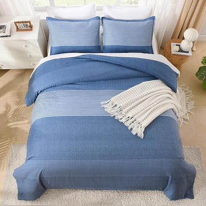 Litanika Comforter Set Super King Size Sapphire Blue - 3 Pieces Lightweight Sapphire Blue White Colorblock Stripe Fluffy Bedding Comforter Sets, All Season Bed Set