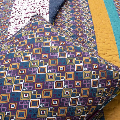 Lush Decor Boho Stripe Reversible Cotton Quilt 3-Piece Set, King, Plum & Yellow - Bold Colorful Bohemian Bedding Set