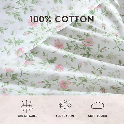 Laura Ashley - Full Sheet Set, Crisp & Cool Cotton Percale Bedding with Deep Pockets, Lightweight for Year Round Comfort, Bed Sheets with Matching Pillowcases (Bonnie Pink/Beige)