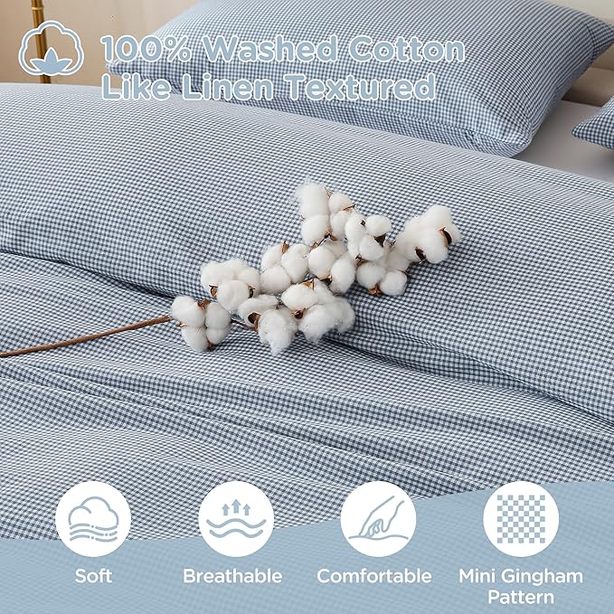 TOCOMOA Mini Gingham Blue Duvet Cover Bedding Set 100% Washed Cotton Like Linen Feel Super Soft Comfortable 3 Piece Small Plaid Checkered Comforter Cover Set (King 104"x90", Comforter Not Included)