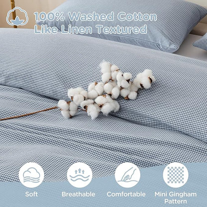 TOCOMOA Mini Gingham Blue Duvet Cover Bedding Set 100% Washed Cotton Like Linen Feel Super Soft Comfortable 3 Piece Small Plaid Checkered Comforter Cover Set (King 104"x90", Comforter Not Included)