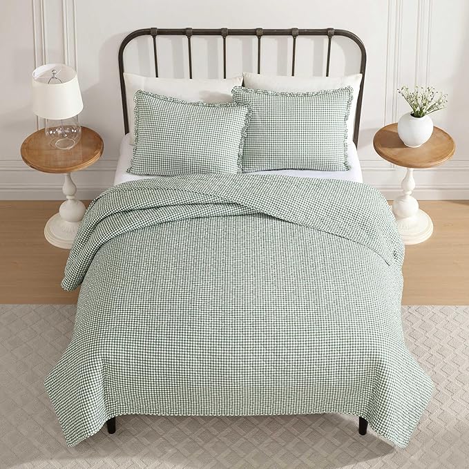 Laura Ashley - King Quilt Set, Pre-Washed Cotton Bedding with Matching Sham, Lightweight for Year Round Use, Oeko-Tex Certified (Gracies Gingham Green)