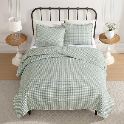 Laura Ashley - Full/Queen Quilt Set, Pre-Washed Cotton Bedding with Matching Sham, Lightweight for Year Round Use, Oeko-Tex Certified (Gracies Gingham Green)