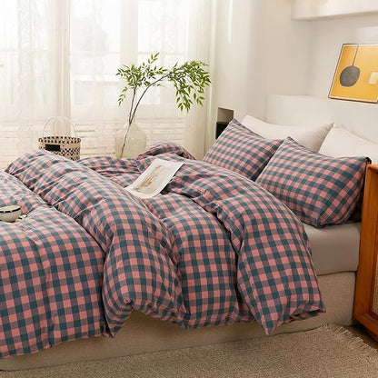 ECOCOTT Duvet Cover Set, 100% Washed Cotton Linen-Like Soft & Breathable, Durable Comfy Bedding Set for All Seasons King Size, Purple Pink Plaid