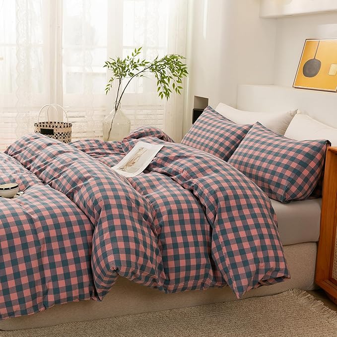 ECOCOTT Duvet Cover Oversized King Size, 100% Washed Cotton Linen-Like Soft & Breathable, Durable Comfy Bedding Set for All Seasons, Purple Pink Plaid
