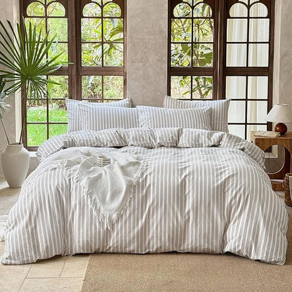 Striped Duvet Cover Set 100% Washed Cotton Linen Like Soft Feelling Breathable Bedding(Light Yellow/White Strip,King)
